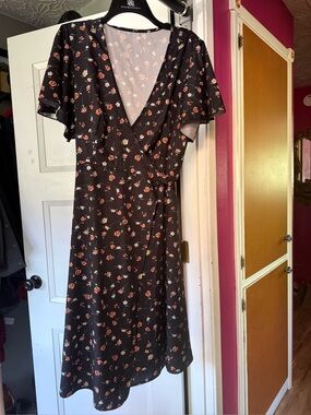 Black Floral Wrap Dress with Red Floral Print